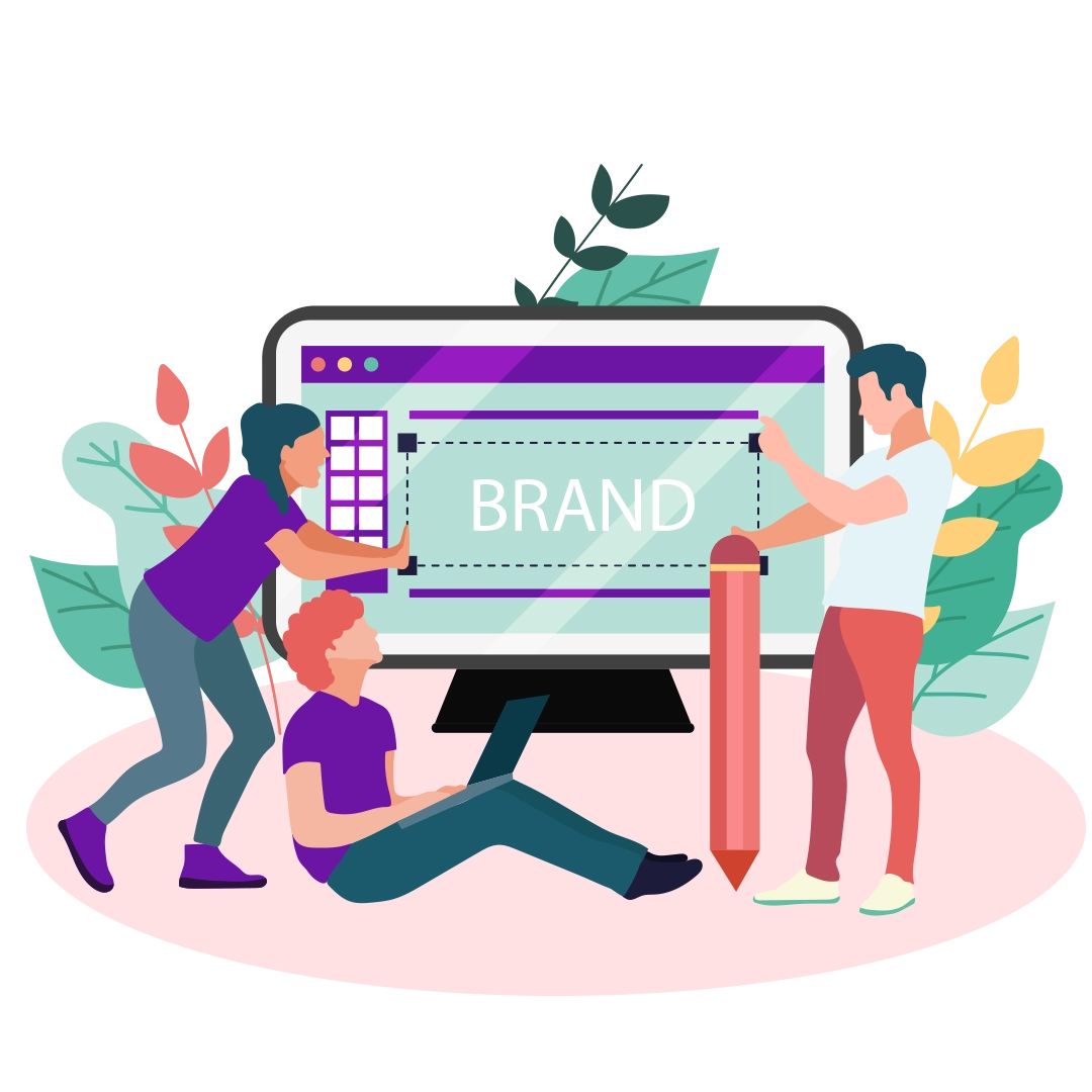 A team brainstorming ideas with sketches, logos, and brand strategy plans displayed on a whiteboard.