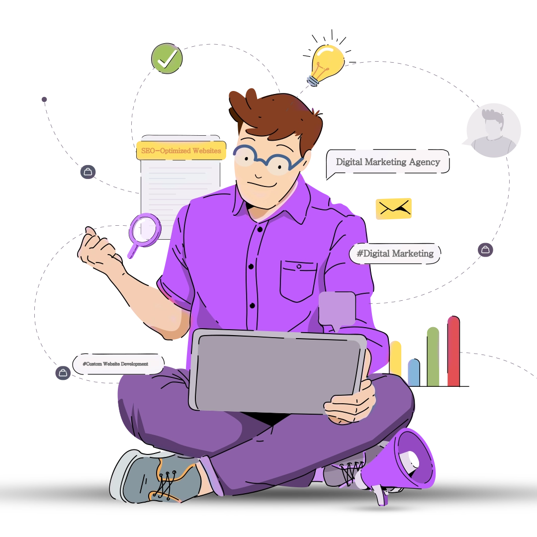 A business professional interacting with digital interfaces, data charts, and cloud technology icons symbolizing digital transformation.