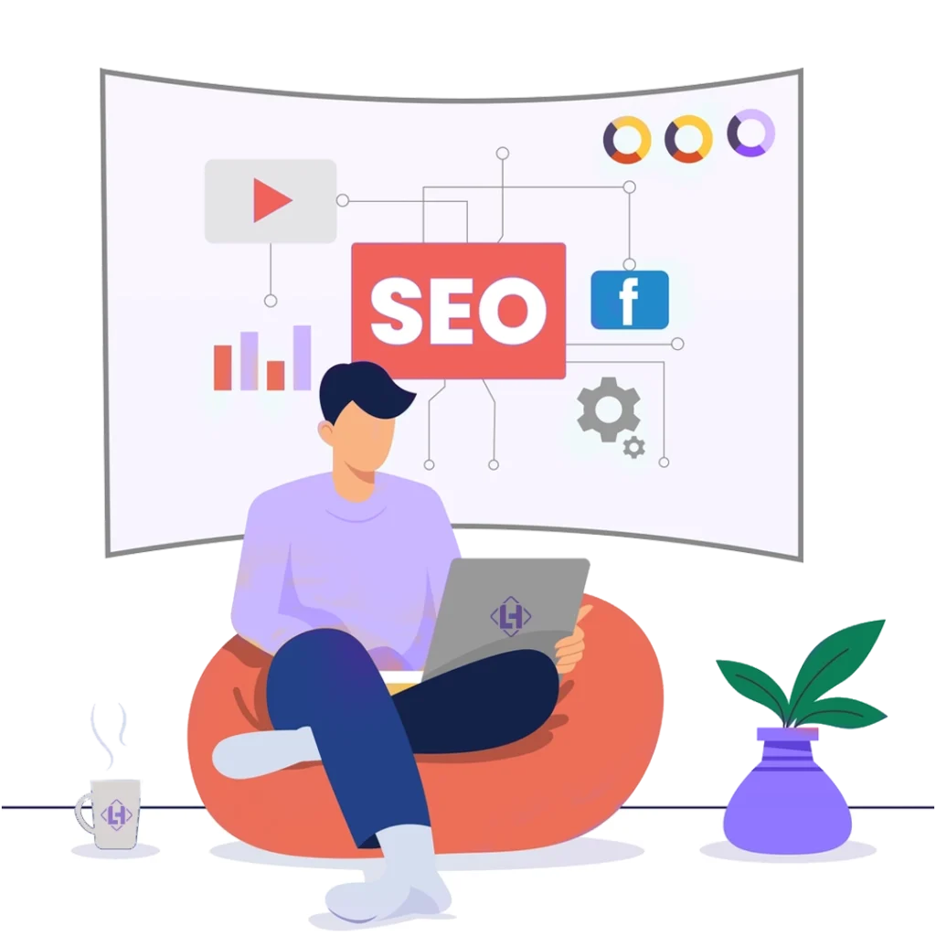 A computer screen displaying SEO analytics, keyword rankings, and website traffic graphs.