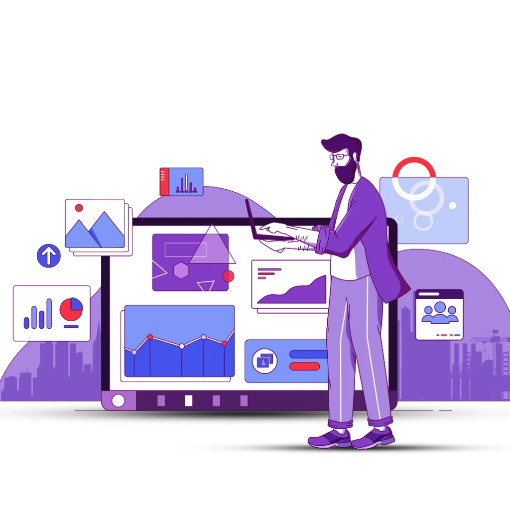 A designer creating visual content on a computer screen, including images, graphics, and videos for digital platforms.