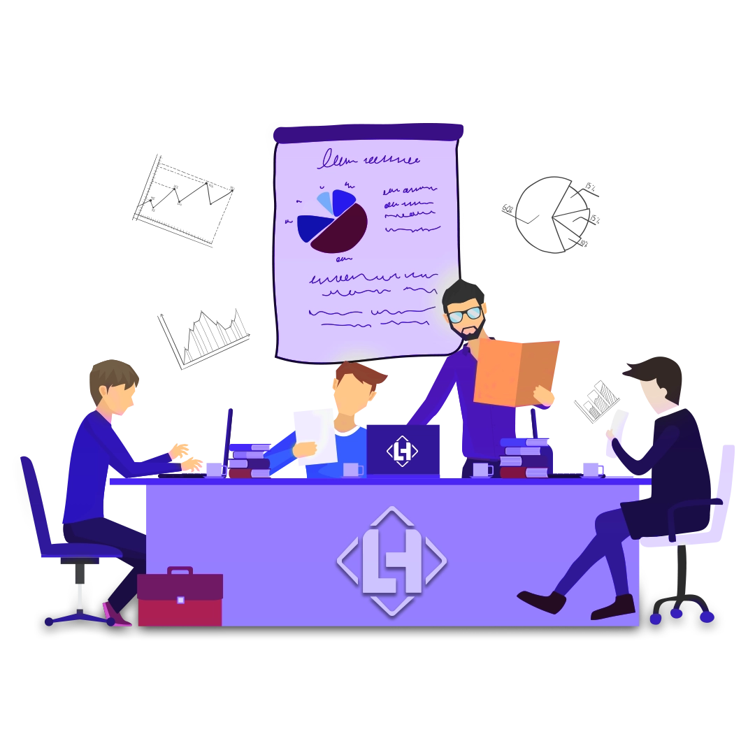 خبير يقدم استشارة لعميل باستخدام جهاز لوحي، مع رسوم بيانية وأيقونات رقمية تمثل التسويق والتقنية.